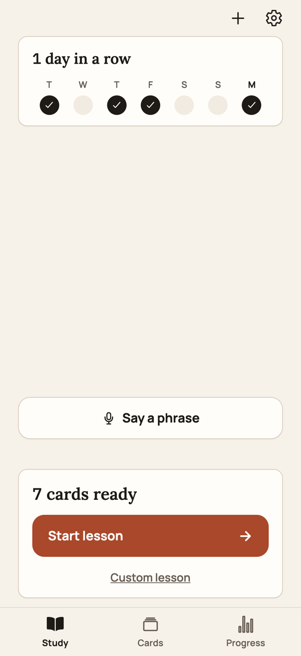 The Study home: your streak, today's lesson and Start lesson.